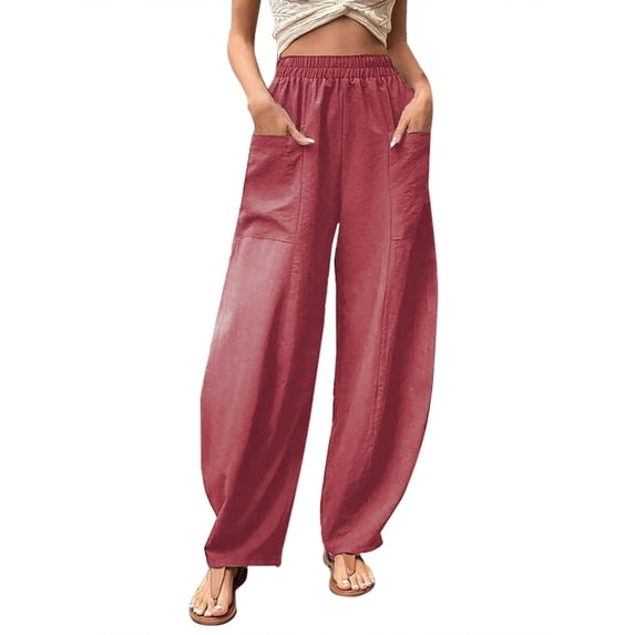 AWXNJUX Pants for Women Womens Solid Color Casual Pants Trousers Elastic Waist Pockets Wide Leg Trousers Women's Casual Pants Womens Pants Wide Leg Pants (Watermelon Red,L)