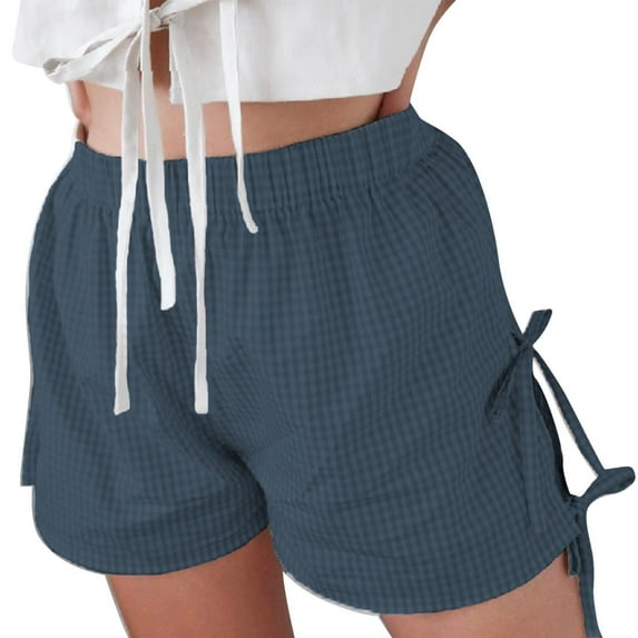 AWXNJUX Plaid Shorts Baggy Boxer Shorts For Women Elastic Waist Casual Bottom Gingham Pajama Shorts Sleepwear (Black,L)