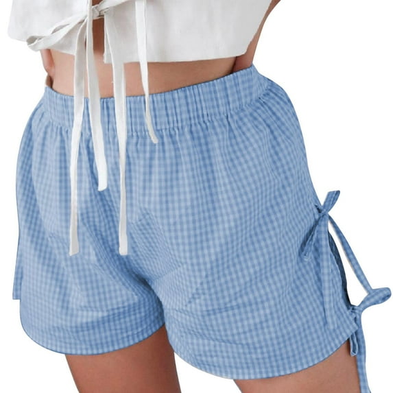 AWXNJUX Plaid Shorts Baggy Boxer Shorts For Women Elastic Waist Casual Bottom Gingham Pajama Shorts Sleepwear (Blue,L)