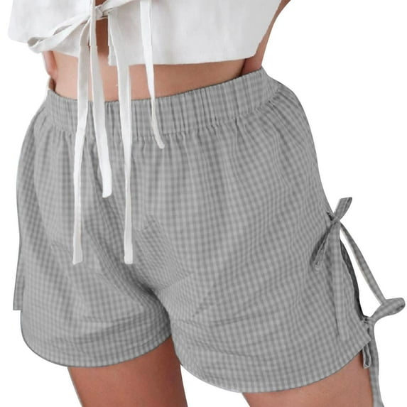 AWXNJUX Plaid Shorts Baggy Boxer Shorts For Women Elastic Waist Casual Bottom Gingham Pajama Shorts Sleepwear (Gray,S)