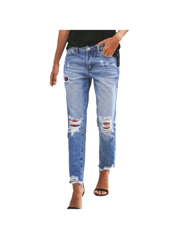 Plus Size Jeans for Women Women Distressed Hem Washed Boyfriend Jeans Straight Leg Denim Pants Low Rise Jeans for Woman Jeans Plus Size for Women Pants for Women Trendy(Red,L)