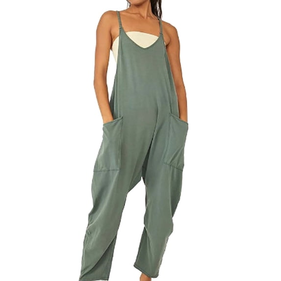 AWXNJUX Rompers for Women 2024 Women's Casual Sleeveless Jumpsuits V Neck Spaghetti Strap Overalls Long Pants Romper with Two Pockets Rompers Monos Mujer (Green1,L)