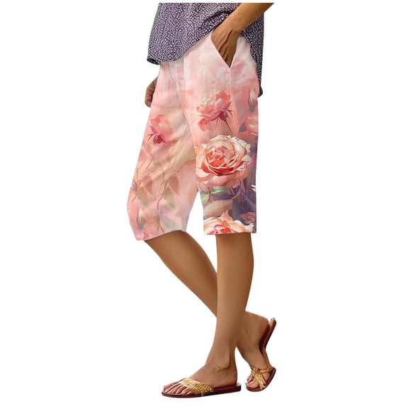 AWXNJUX Shorts for Women High Waisted Women's Fashion Summer Casual Striped Printed Stretch High Waist Knee Loose Beach Shorts with Pockets Shorts Womans Shorts (Pink,XXXXL)