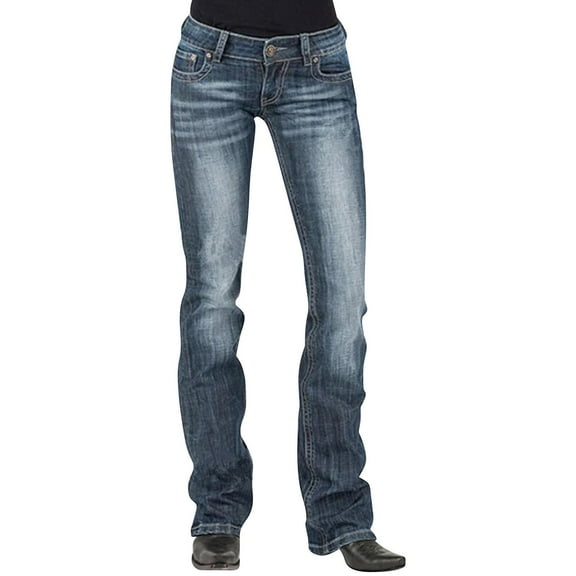 AWXNJUX Summer Jeans for Women 2024 Women Mid Waisted Denim Jeans Embroidery Stretch Button Straight Pants Jeans Bell Bottom Jeans for Women (Dark Blue,XXXL)