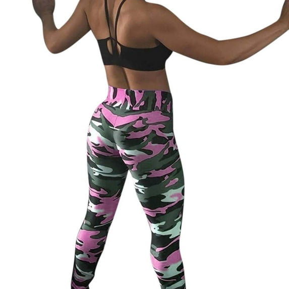 AWXNJUX Summer Leggings Women Camouflage Printing Exercise To Lift Buttocks High Waist Tight Yoga Pants Trousers Dressy Leggings for Women Womens Tights and Leggings (Pink,XL)