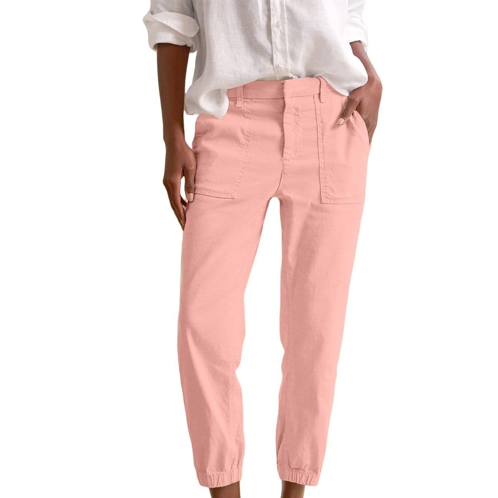 AWXNJUX Women Linen Joggers Casual Cropped Linen Pants High Waisted