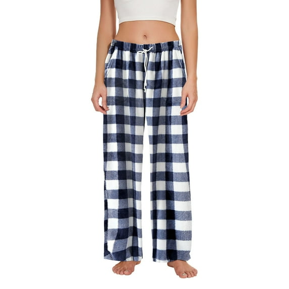 AWXNJUX Women's Long Fluffy Plush Thermal Flannel Pyjama Bottoms Winter Warm Cuddly Trousers Women's Checked Pyjama Trousers Fleece Pyjama Trousers With Pockets Casual Fleece Trousers (Navy Blue,XL)