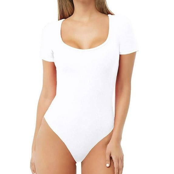 AWXNJUX Women's Short Sleeve Casual Comfort Scoop Neck T-Shirts Basic Bodysuits Jumpsuit (White,S)
