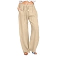 thumbnail image 1 of AWXNJUX Women's Trousers Solid Color Cotton And Linen Lace Up Casual Pants (Beige,XL), 1 of 9