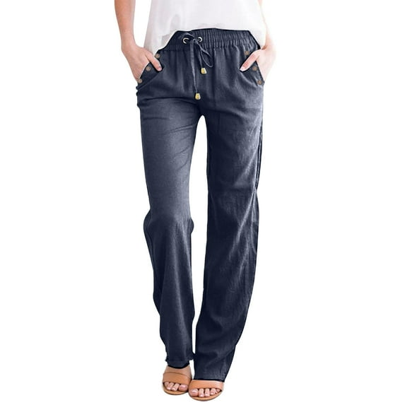 AWXNJUX Womens Casual Pants Women Fashion Solid Color Cotton Flax Elastic Long Pants Beach Leisure Trousers Pant Women Casual Womens Pants Palazzo Pants (Navy Blue,S)