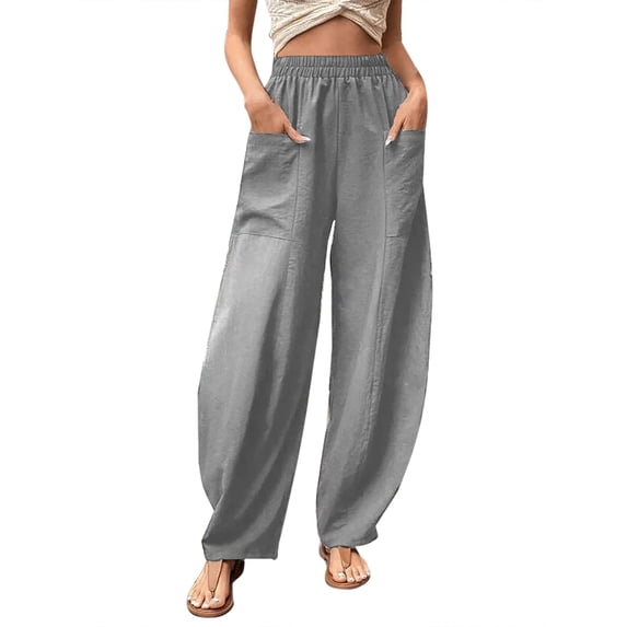 AWXNJUX Womens Casual Pants Womens Solid Color Casual Pants Trousers Elastic Waist Pockets Wide Leg Trousers Women's Pants Casual Casual Womens Pants Summer Pants (Gray,XL)