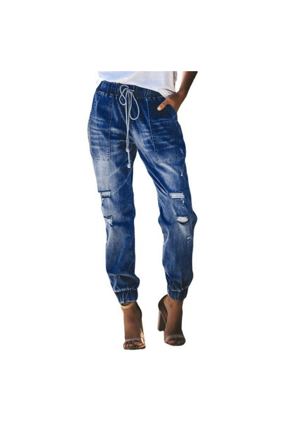 Womens Jeans Fashion Women's Casual Women's Jeans Drawstring Elastic Waist Drawstring Washed Pants Plus Size Jeans Women Jeans Stretchy Straight Leg Jeans for Women(A,XXXL)