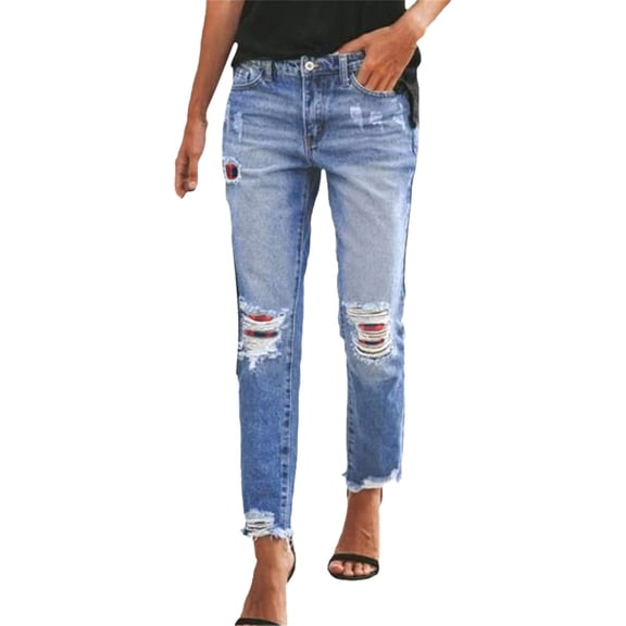 AWXNJUX Womens Jeans High Waisted Women Distressed Hem Washed Boyfriend Jeans Straight Leg Denim Pants Bell Bottom Jeans for Women Stretchy Jeans Women Wide Leg Jeans(Red,XXL)