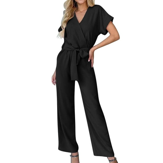 AWXNJUX Womens Jumpsuit Women's Jumpsuit Casual Short Sleeve Wrap V Neck Belted Wide Leg Pants (Black,S)