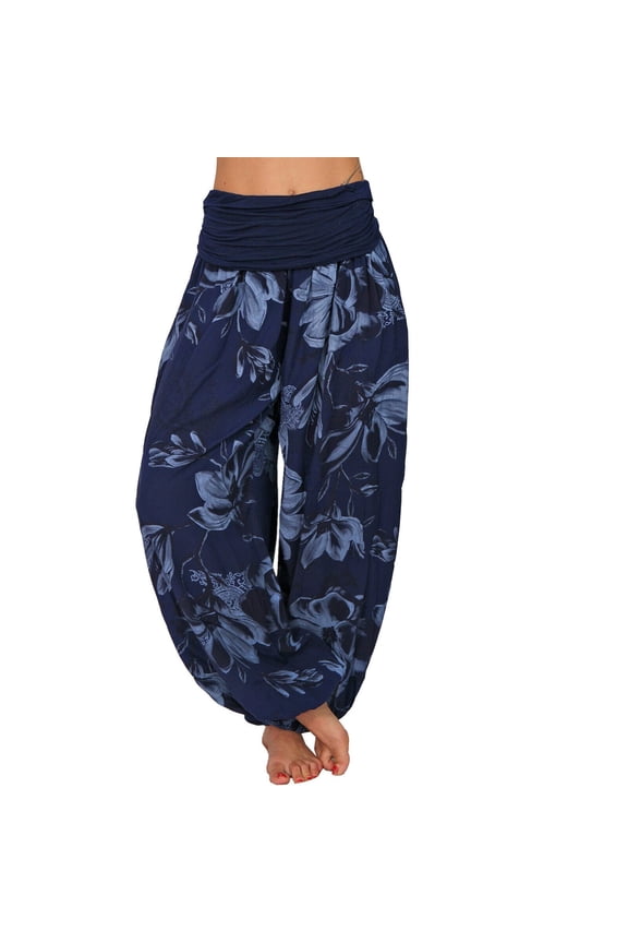 Womens Linen Pants Women's Hippie High Waist Loose Casual Wide Leg Plus Size Women's Trousers Harem Pants Casual Pants Flowy Pants Woman's Pants (Navy Blue,M)