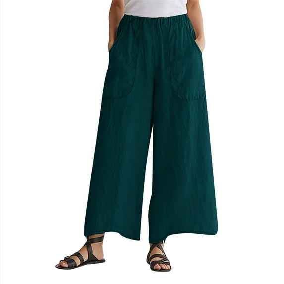 AWXNJUX Womens Linen Pants Women's Spring Summer Fashionable Cotton Linen Baggy Wide Legged Pocket Casual Pants Trousers Womens Pants Women's Casual Pants Beach Pants for Women (Green,L)