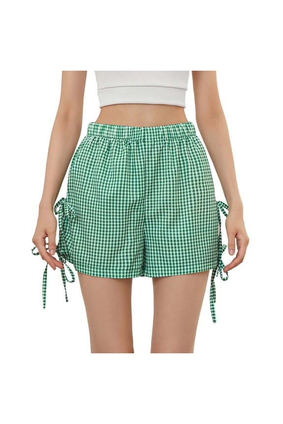 Womens Shorts Gingham Boxer Shorts for Women Bow Tie Side Slit Pj Sleep Pajamas Shorts Plaid Checkered Shorts Womens Shorts Dressy Casual Womans Shorts (Green,M)