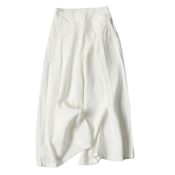 AWXNJUX Yoga Pants Women Women Palazzo Pants Summer Linen Casual High Waist Wide Leg Flowy Culotte Trousers Drawstring Yoga Sweatpants Pants Womens Women Casual Pants (White,XXXL)