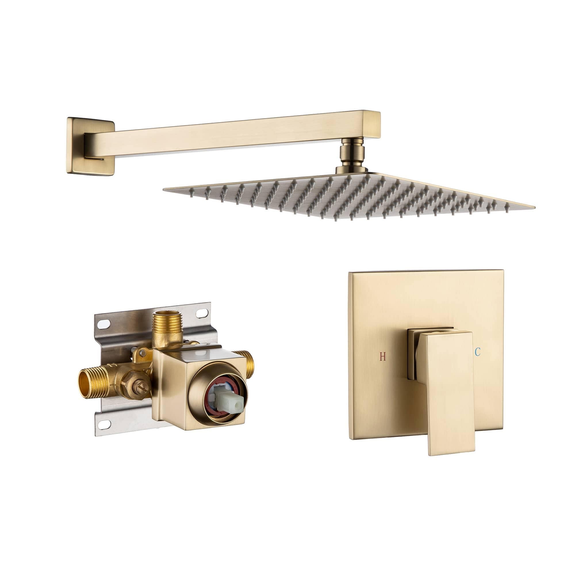 10 Inch Wall Mount Shower Faucet With Rough-in Valve Brushed Gold Rain Shower System With Hand - View #3