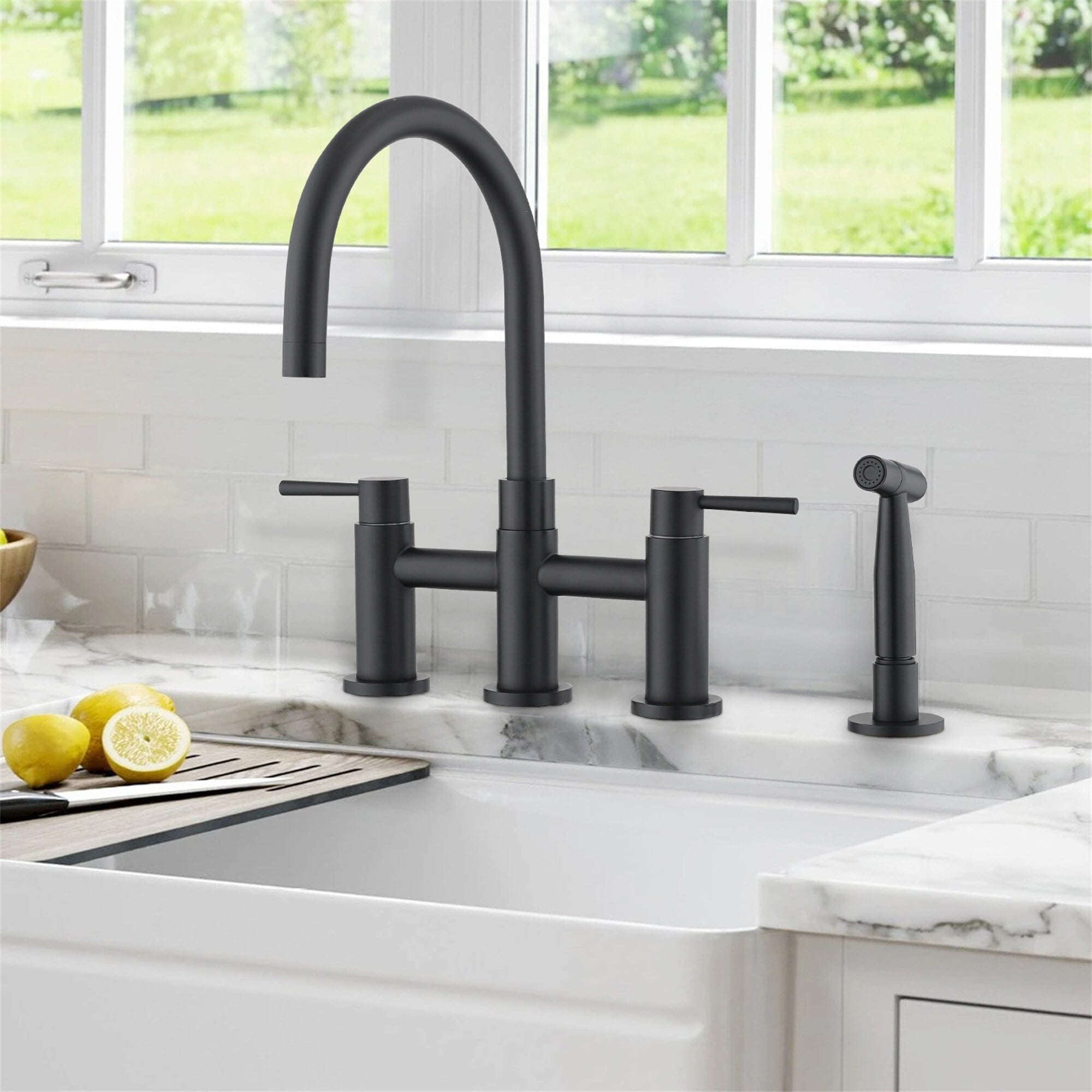 Matte Black Stainless Steel Bridge Kitchen Faucet with Pull-Out Sprayer