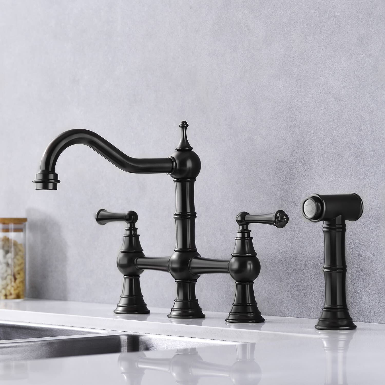 Matte Black Brass Bridge Kitchen Faucet with Pull-Out Spray
