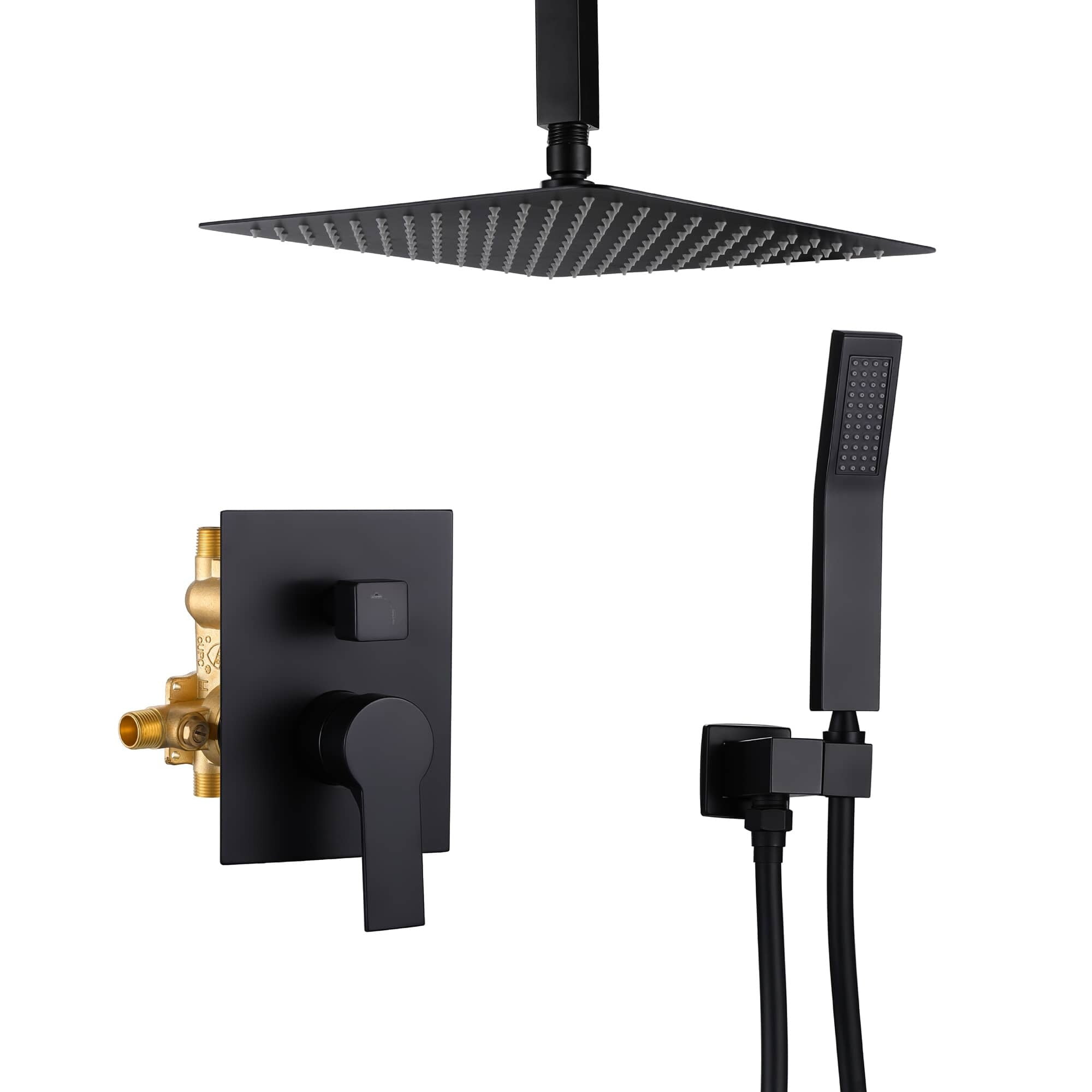 Matte Black 12" Square Ceiling Mount Rain Shower System