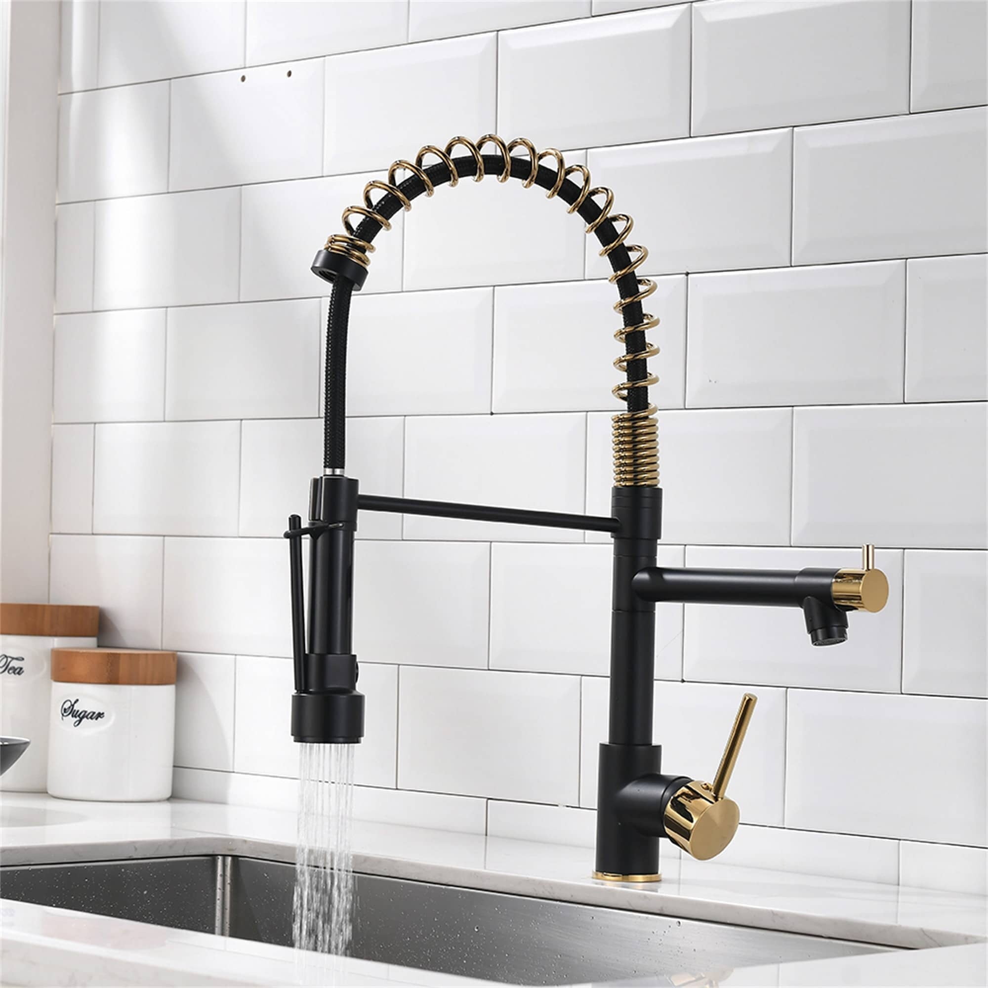 Matte Black and Gold Commercial Kitchen Faucet with Pull Down Sprayer