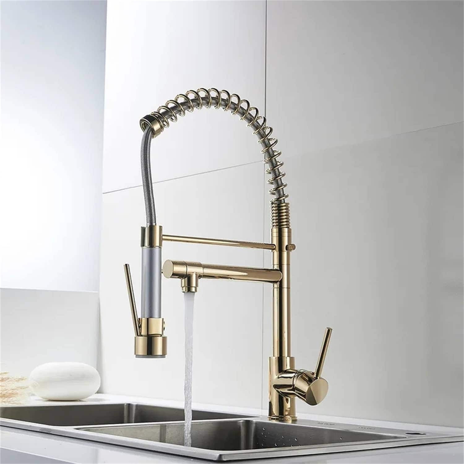 Nickel and Gold Commercial Pull Down Kitchen Faucet with Pot Filler