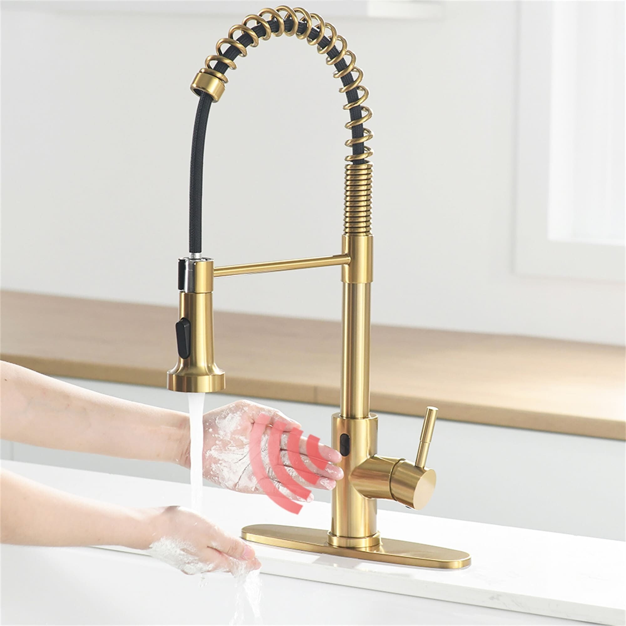 Brushed Gold Touchless Kitchen Faucet with Pull-Out Sprayer