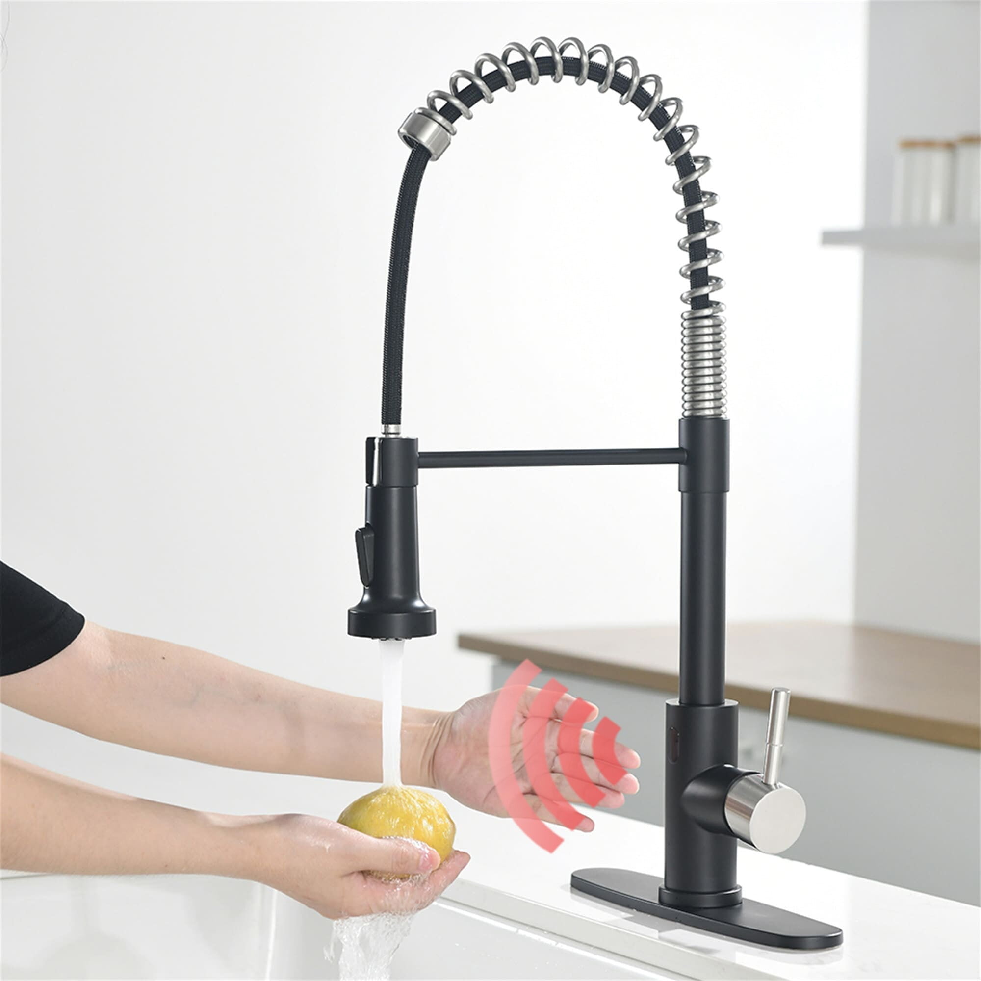 Brushed Nickel and Matte Black Touchless Kitchen Faucet with Pull-Out Spray