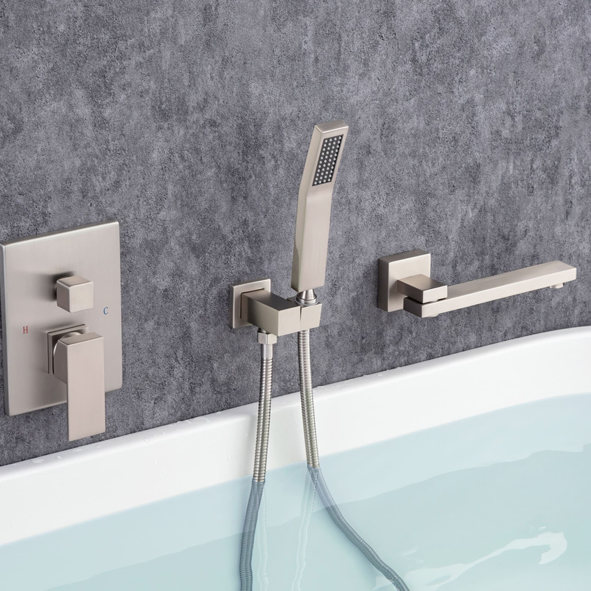 Brushed Nickel Wall Mounted Bathtub Faucet with Hand Shower