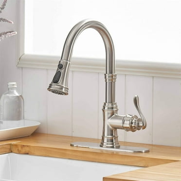 AWZTOO Pull Down Kitchen Faucet Single Handle Modern One Hole Kitchen Sink Faucets With Pull Down Sprayer Basin Tap With Deck Plate Brushed Nickel