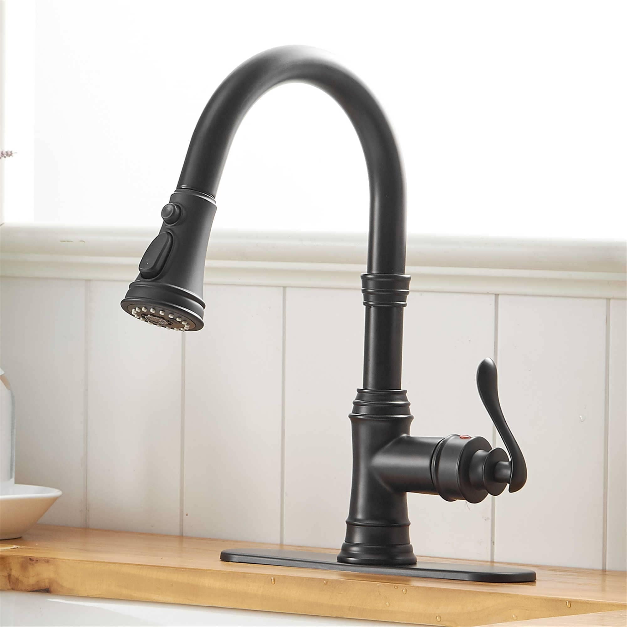 Matte Black Pull-Down Kitchen Faucet with Spray and Deck Plate