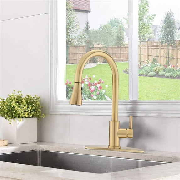 AWZTOO Pull Down Kitchen Sink Faucet Single Handle Kitchen Faucet WIth Sprayer Stainless Steel One Hole Modern Basin Laundry Taps Brushed Gold