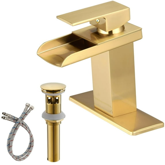 AWZTOO Single Handle Bathroom Faucet With Drain Assembly Waterfall Bathroom Sink Faucets Single Hole Basin Vanity Taps With Deck Plate Brushed Gold