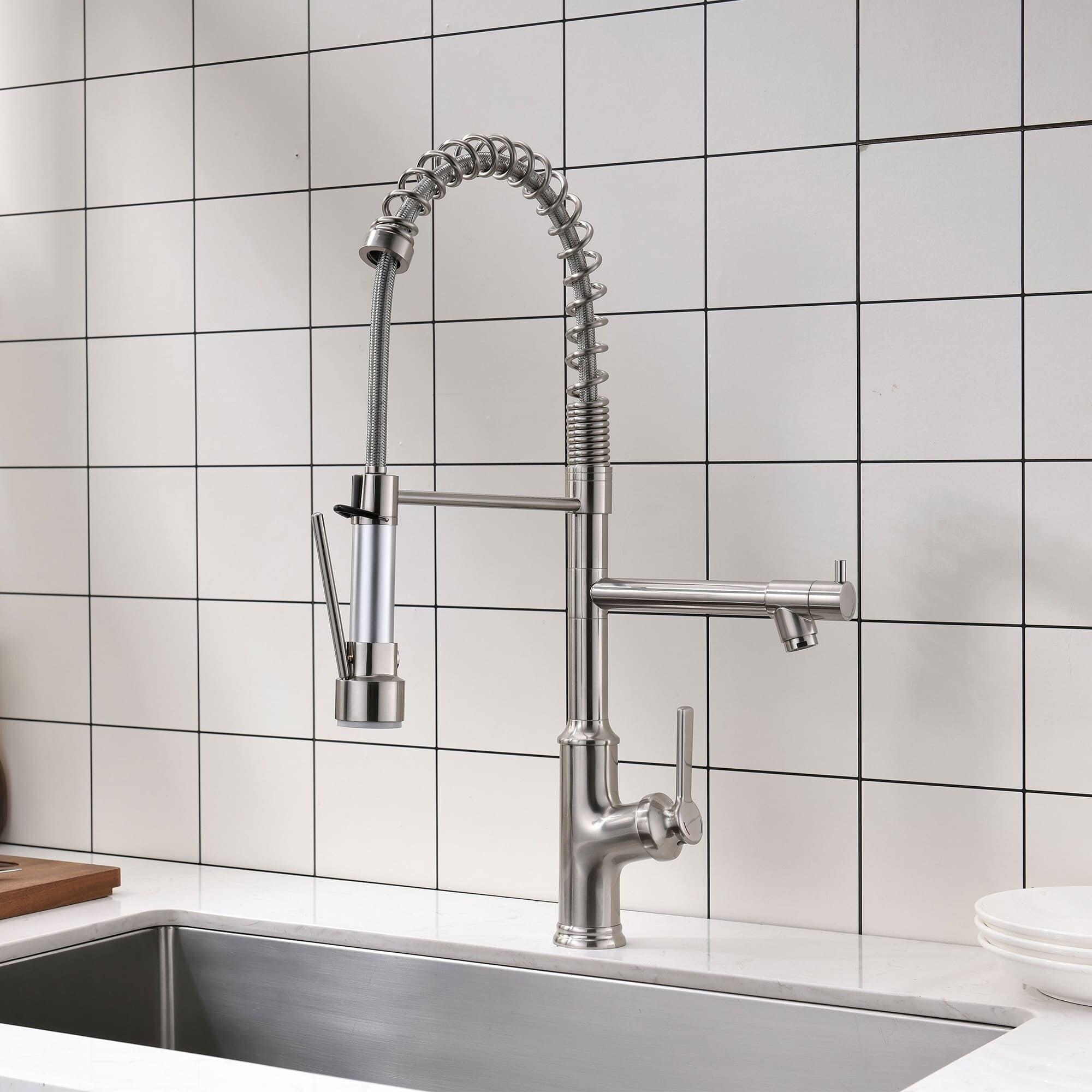 Brushed Nickel 23" Commercial Kitchen Faucet with Pull-out Spray