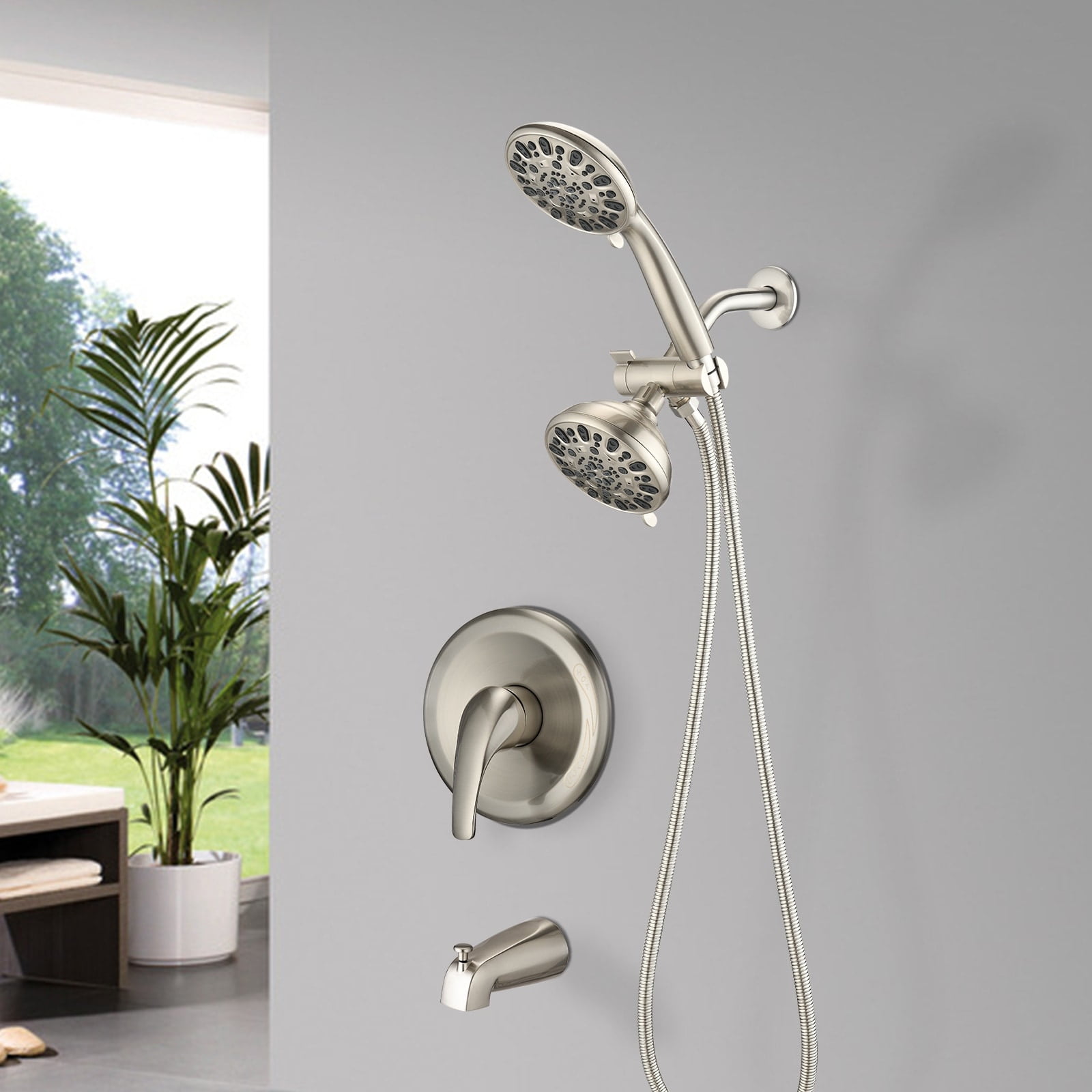 Brushed Nickel Dual Shower Head System with Handheld Sprayer