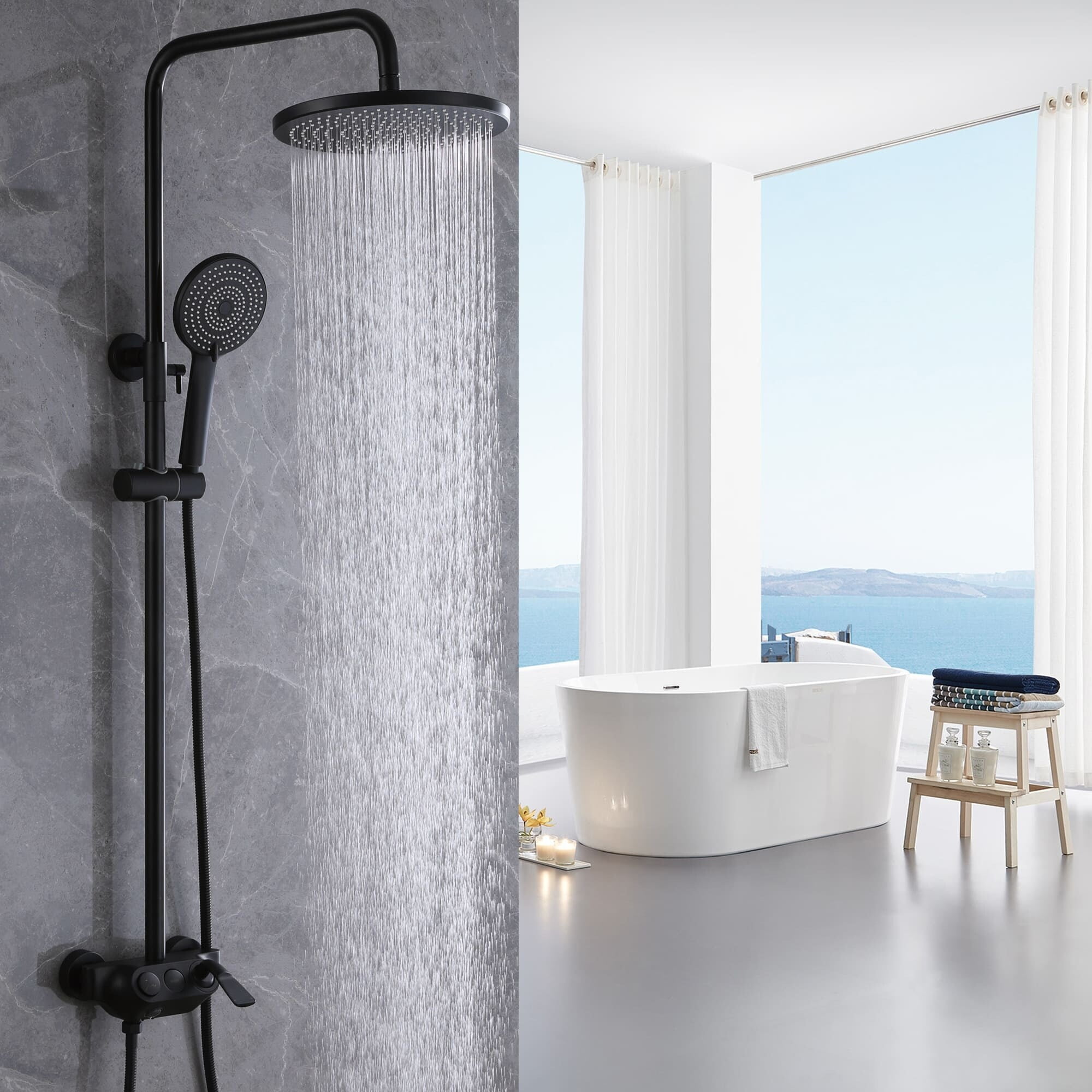 Matte Black Multi-Head Rainfall Shower System with Handheld