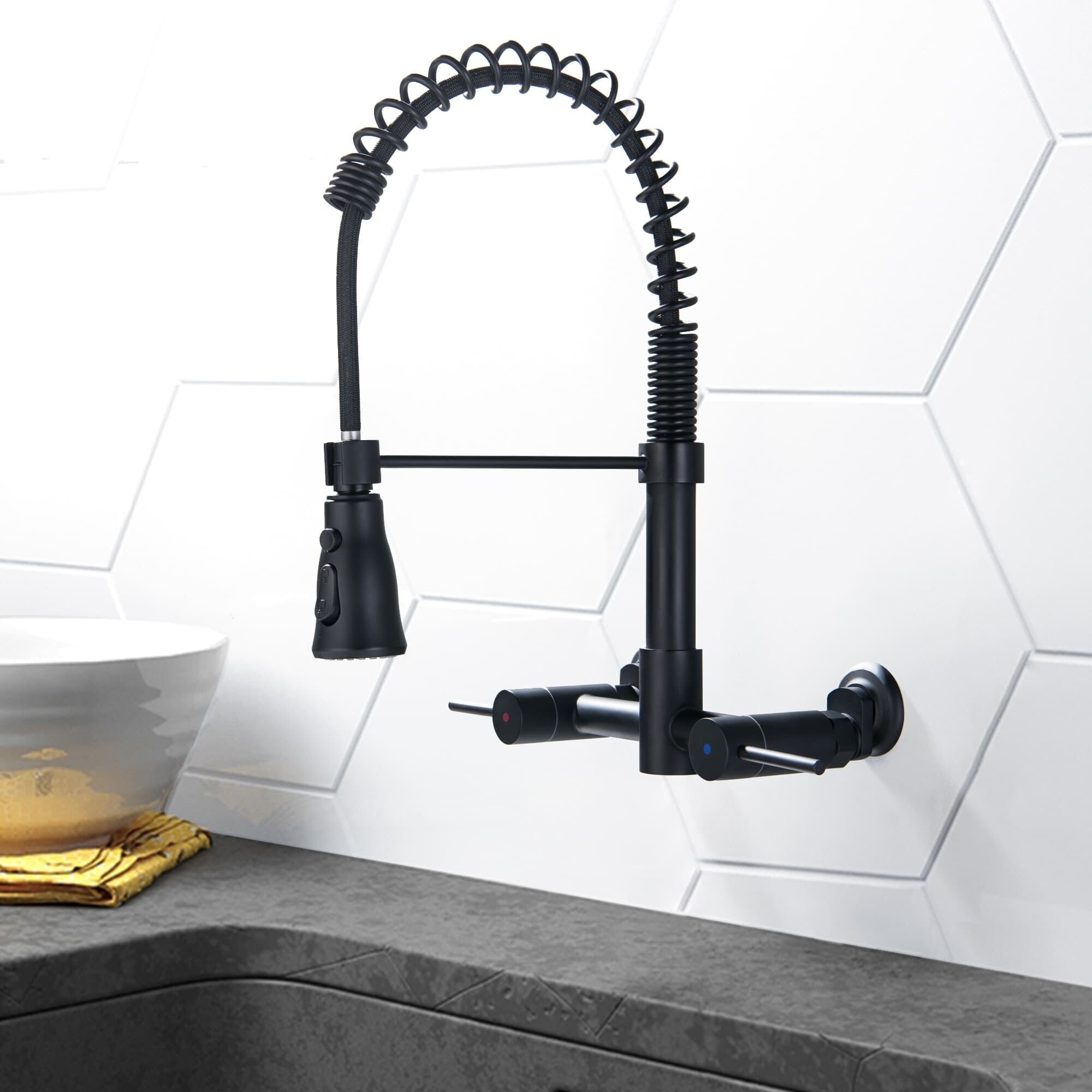 AWZTOO Wall Mount Commercial Kitchen Faucet With Pull Down Sprayer 2 ...