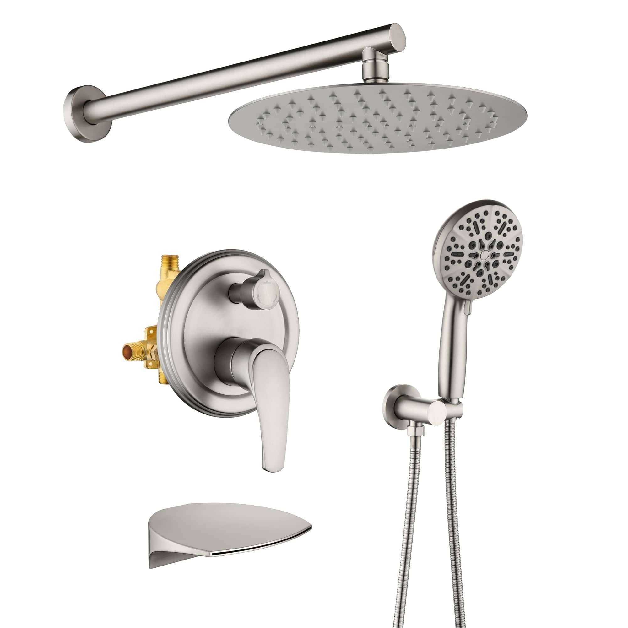 Brushed Nickel Wall Mount Rainfall Shower System with Handheld and Tub Spout