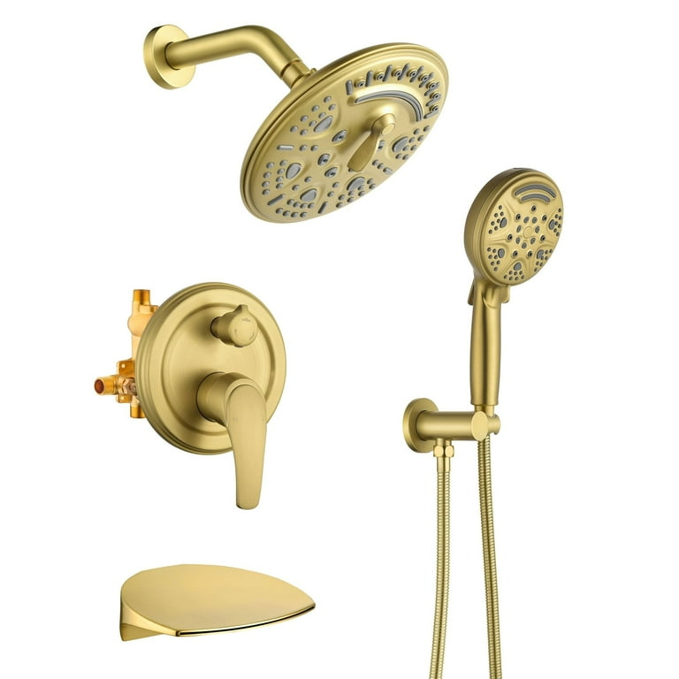 WINKEAR Rainfall Shower System With Handheld - Brushed Gold, Wall Mount, Rough-in Valve Included