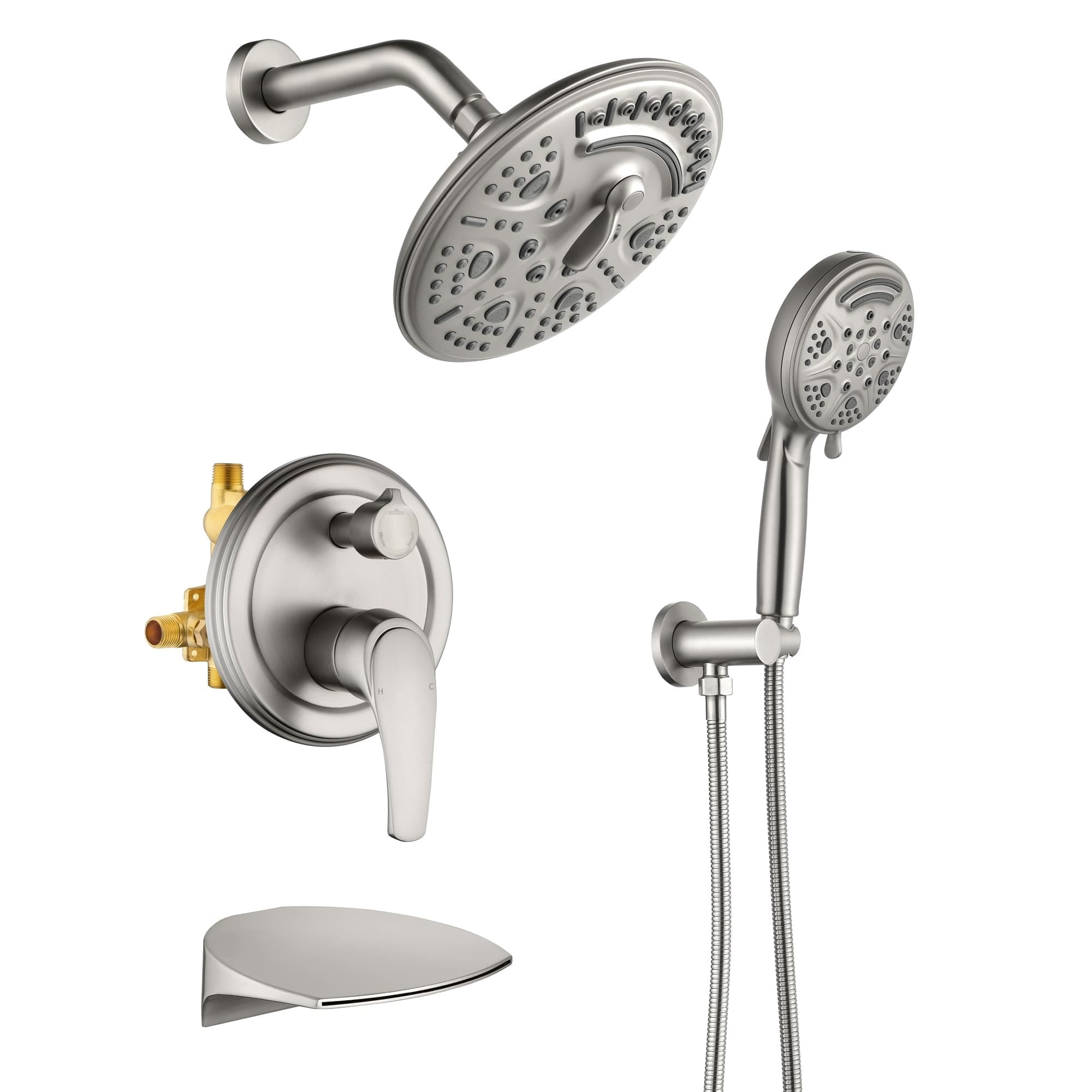 AWZTOO Wall Mount Tub Shower Faucet With Rough-in Valve Complete Shower System With Handheld And 8 Inch Shower Head Combo Kit Trim Set Brushed Nickel
