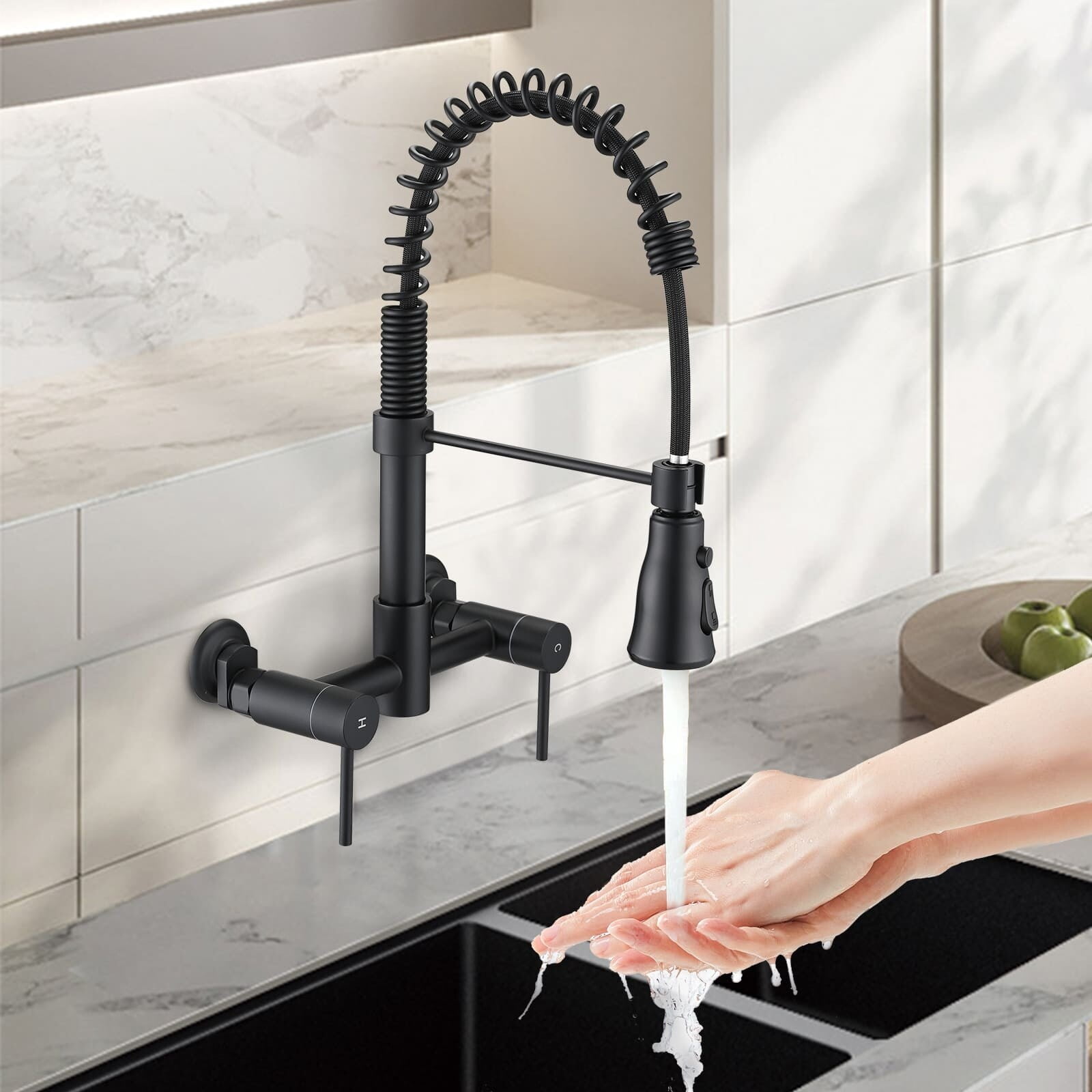 Matte Black Wall Mounted Kitchen Faucet with Pull-out Spray