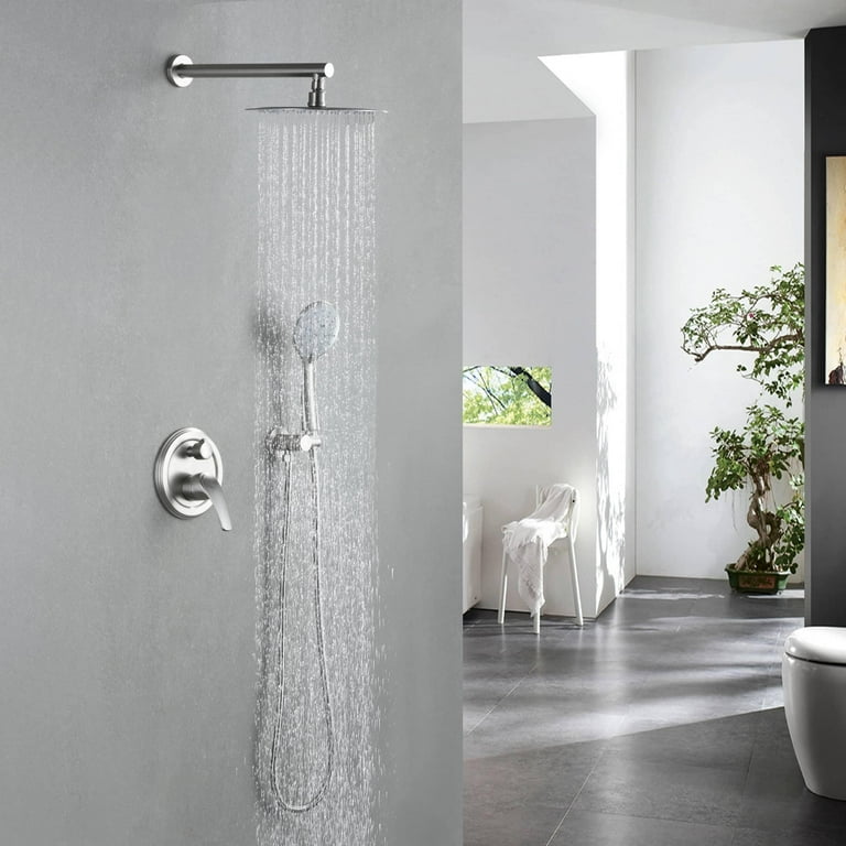 Shower System Wall Mounted with 10 in. Round Rainfall Shower head and Handheld Shower Head Set, Brushed Nickel Shower System Wall Mounted with 10 in. Round Rainfall Shower head and Handheld Shower Head Set, Brushed Nickel