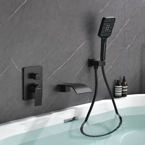 AWZTOO Wall Mounted Tub Faucet With Hand Sprayer Waterfall Bathtub Faucet Modern Single Handle Tub Filler Trim With Handheld Shower Matte Black Matte