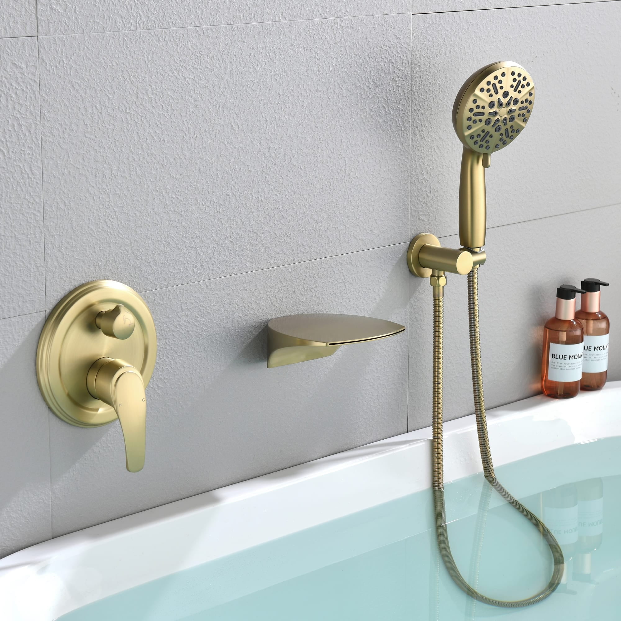 Brushed Gold Wall Mounted Tub Faucet with Handheld Shower