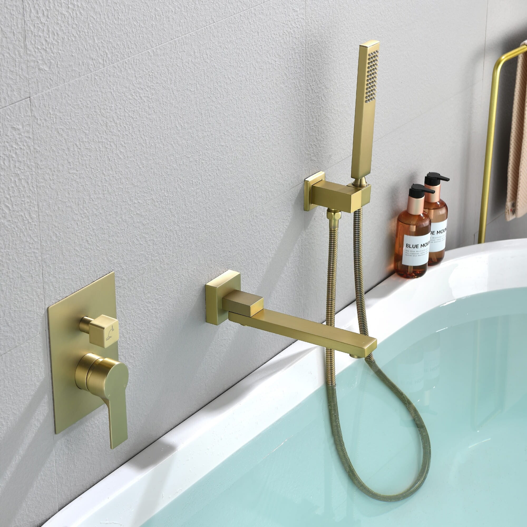 Brushed Gold Wall Mounted Tub Faucet with Handshower