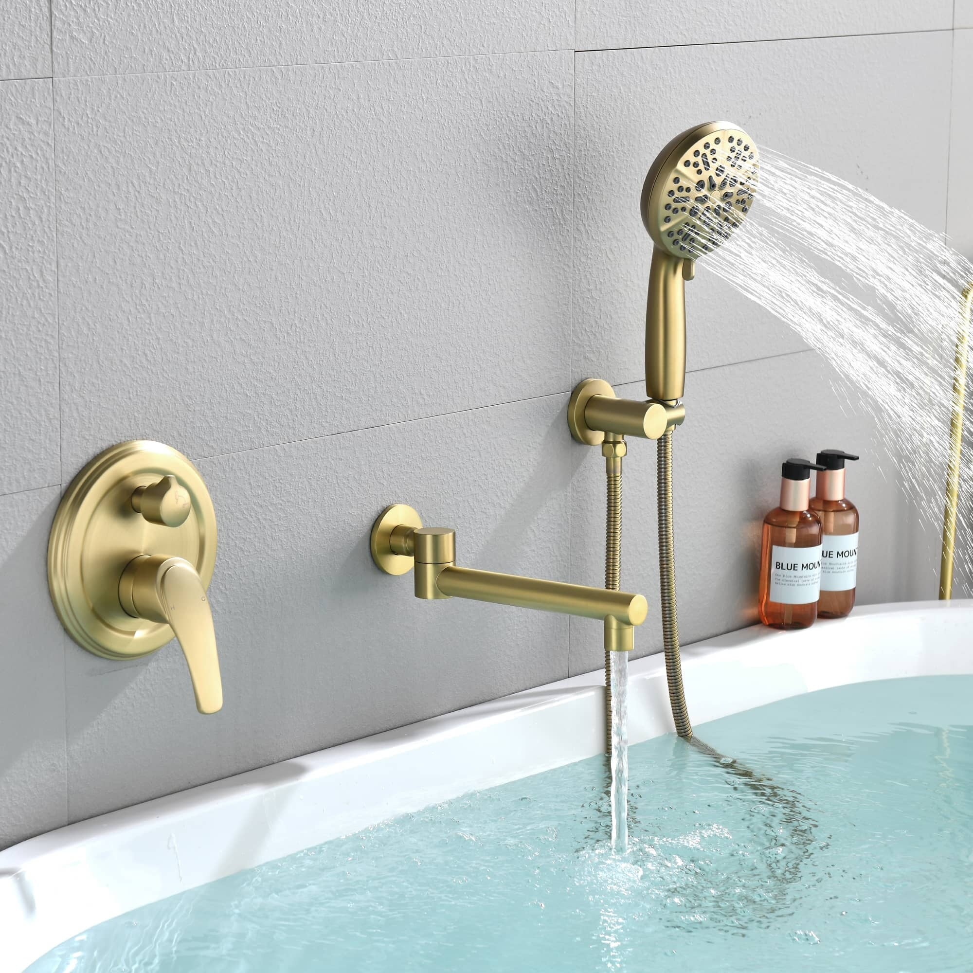 Brushed Gold Wall Mounted Tub Filler with Hand Shower