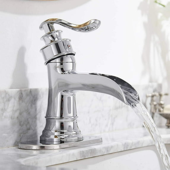 AWZTOO Waterfall Bathroom Faucet Single Handle Bathroon Sink Faucets One Hole Modern Basin Vanity Mixer Taps With Valve And Deck Plate Chrome Chrome