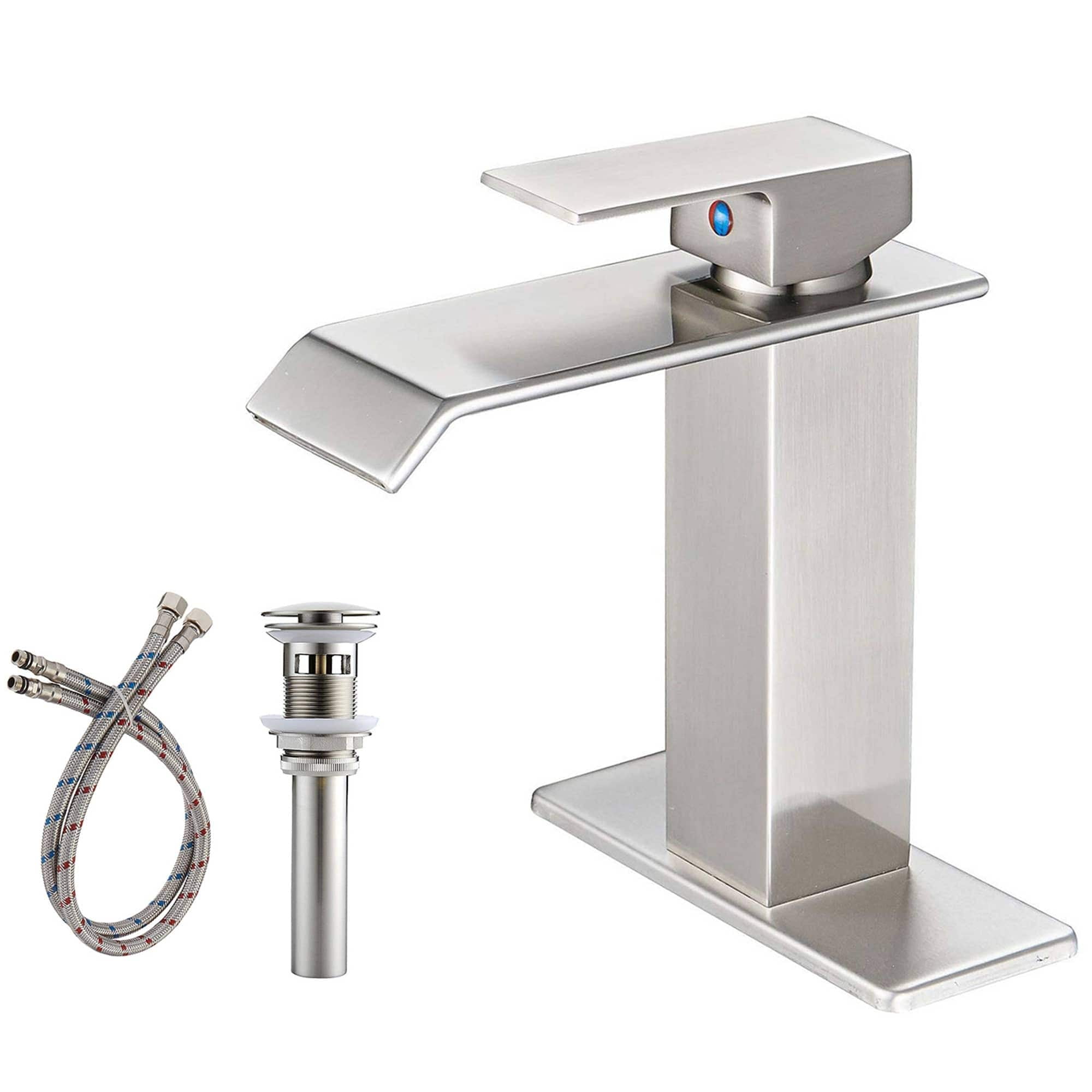Brushed Nickel Modern Waterfall Bathroom Faucet with Drain Assembly
